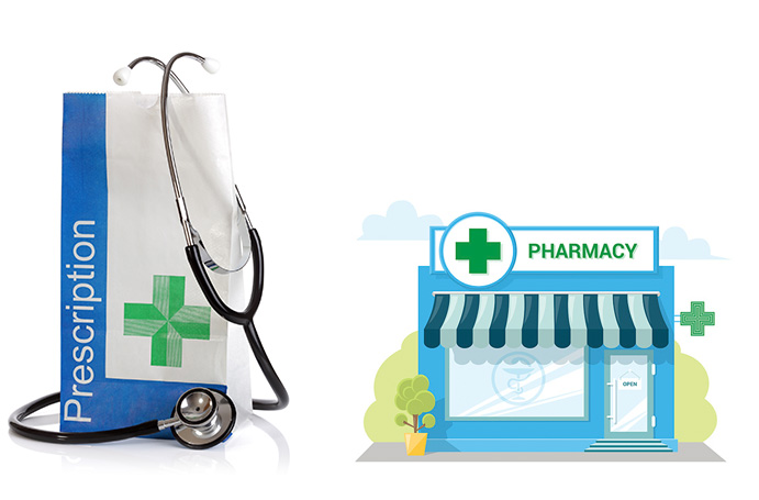 image of a repeat prescription packet and a pharmacy exterior